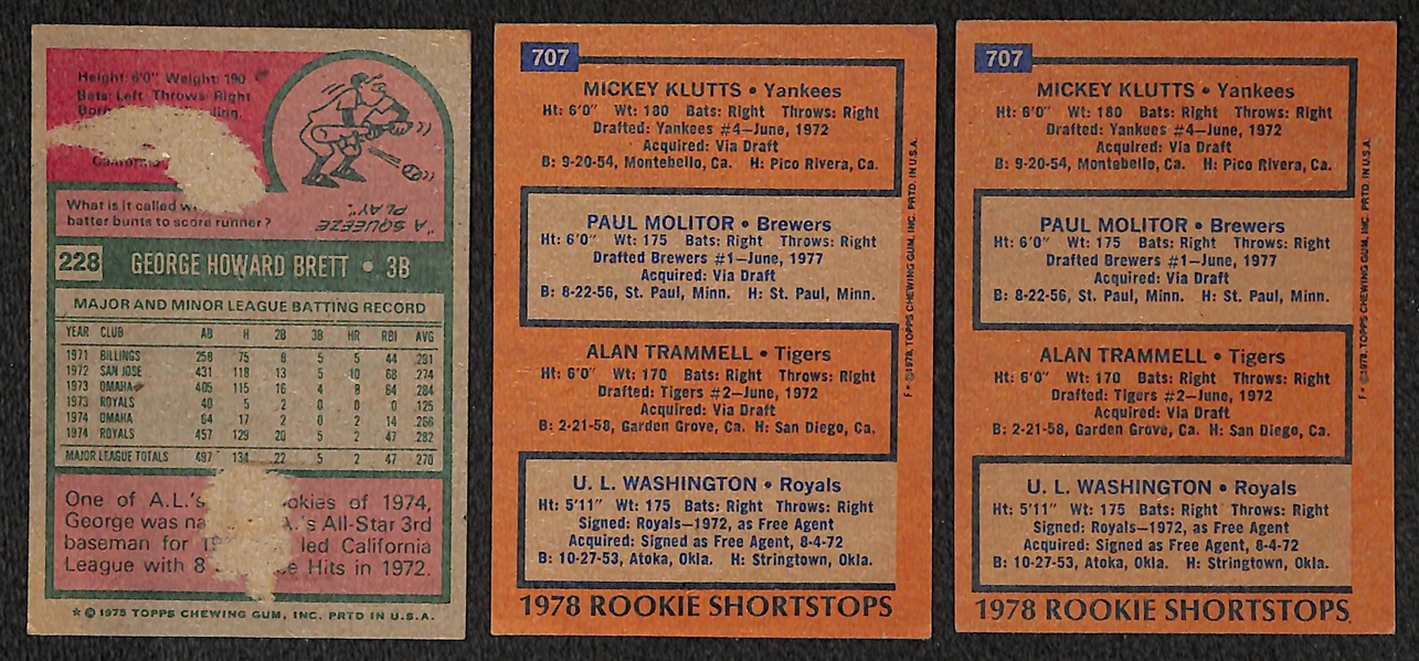 1970s Lot of 3 HOF Rookie Cards - George Brett and (2) Molitor/Trammell