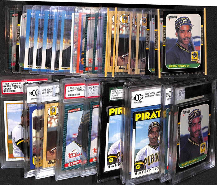 Lot of 33 Barry Bonds Rookie Cards w. 13 Graded Examples - Beckett, PSA, SGC - 8, 8.5, & 9