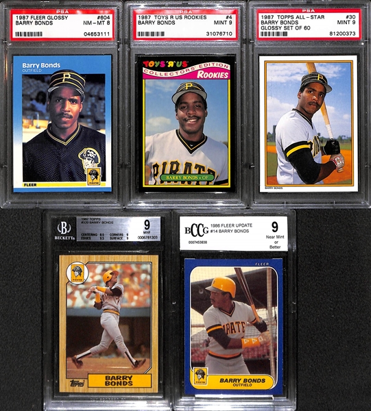 Lot of 33 Barry Bonds Rookie Cards w. 13 Graded Examples - Beckett, PSA, SGC - 8, 8.5, & 9