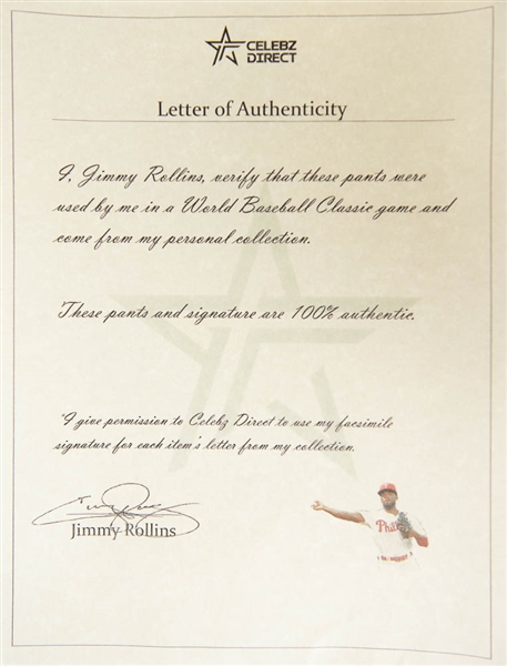 Jimmy Rollins Signed & Game Worn 2009 World Baseball Classic White Pants - Rollins COA