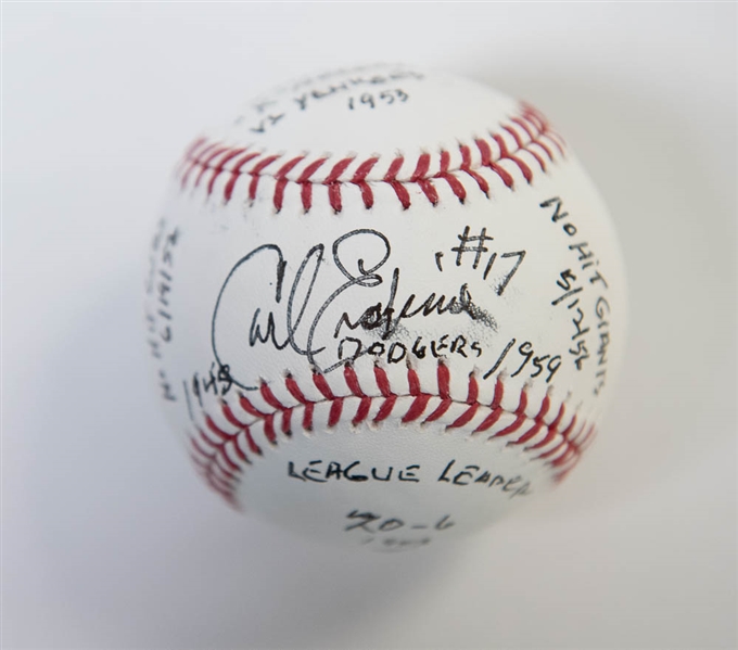 Carl Erskine Signed & Inscribed Stat Baseball