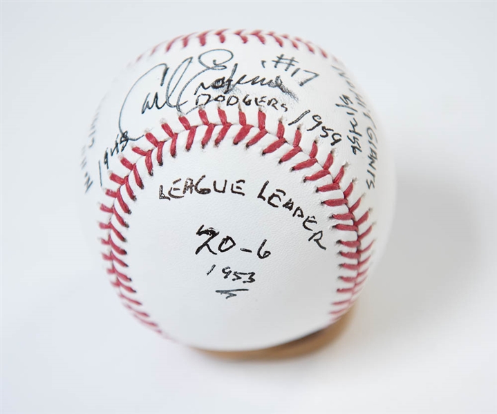 Carl Erskine Signed & Inscribed Stat Baseball