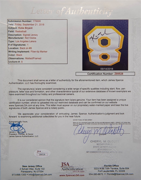 Kobe Bryant Signed & Framed Lakers Player Model Jersey - JSA LOA