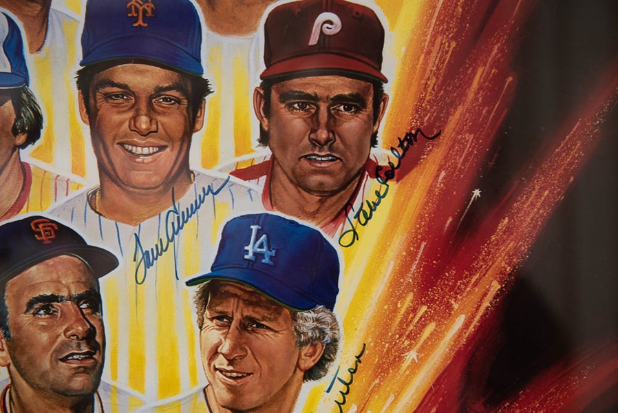 Framed 300-Win Pitchers Autographed Display w/ Nolan Ryan, Seaver, Spahn, Wynn, Carlton, + (JSA LOA)