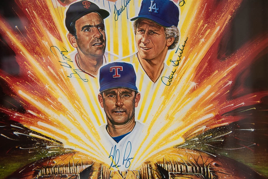 Framed 300-Win Pitchers Autographed Display w/ Nolan Ryan, Seaver, Spahn, Wynn, Carlton, + (JSA LOA)