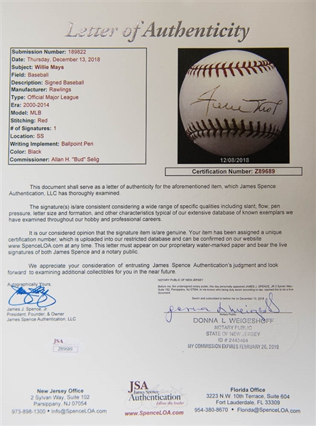 Willie Mays Signed Official Major League Baseball - JSA LOA