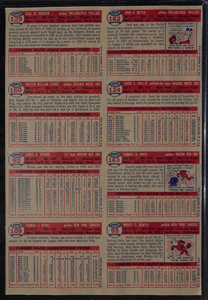 1957 Topps Baseball Partial Uncut Sheet of 8 Cards w. #95 Mickey Mantle - RARE!