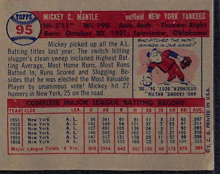 1957 Topps Baseball Partial Uncut Sheet of 8 Cards w. #95 Mickey Mantle - RARE!
