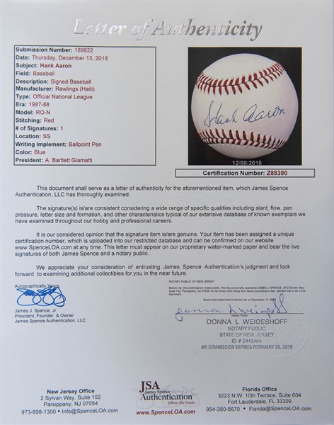 Hank Aaron Signed National League Baseball - JSA LOA