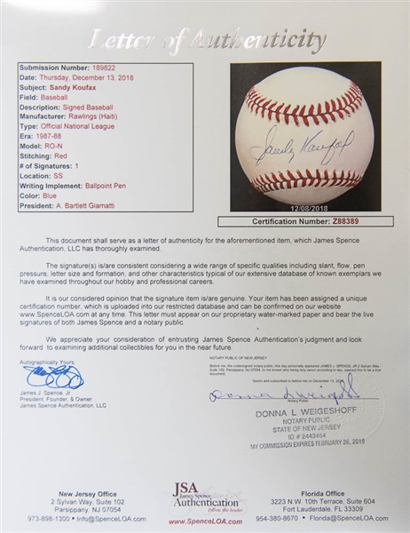 Sandy Koufax Signed National League Baseball - JSA LOA