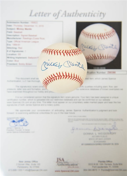 Mickey Mantle Signed American League Baseball - JSA LOA