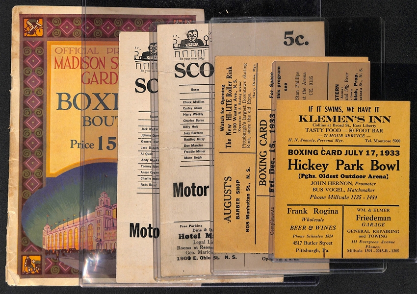 Vintage Boxing Memorabilia Lot w/ 1925 Madison Square Garden Program (w/ Jack Dempsey) and (4) 1930s Items