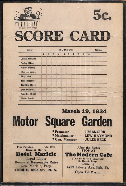 Vintage Boxing Memorabilia Lot w/ 1925 Madison Square Garden Program (w/ Jack Dempsey) and (4) 1930s Items