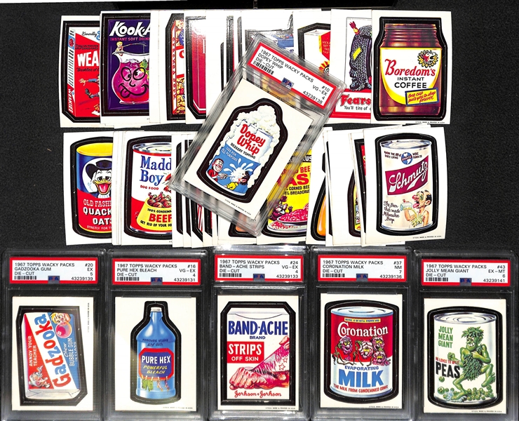 1967 Topps Wacky Pack Die Cut 44 Card Set Including 6 PSA Graded Cards (PSA 4-7) w. #37 Coronation Milk PSA 7 
