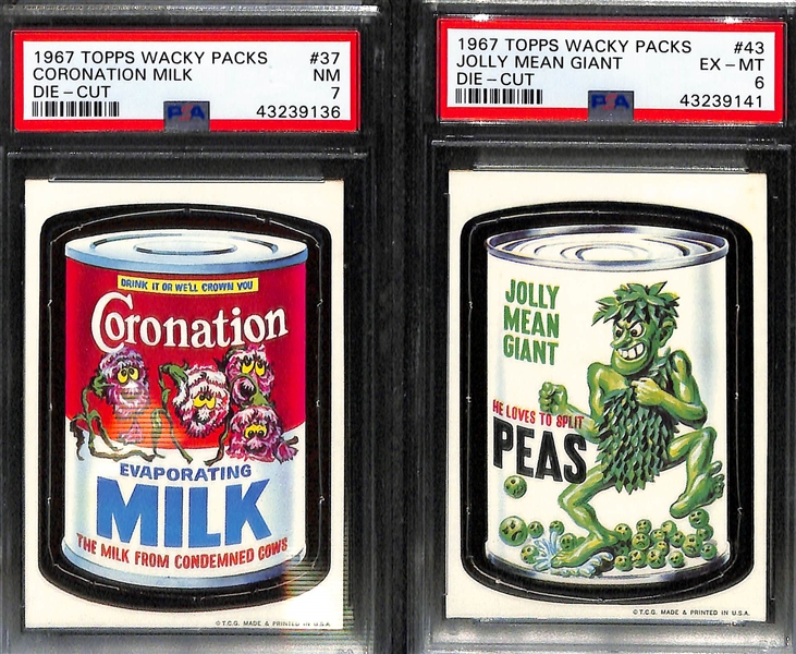 1967 Topps Wacky Pack Die Cut 44 Card Set Including 6 PSA Graded Cards (PSA 4-7) w. #37 Coronation Milk PSA 7 
