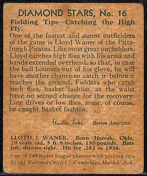 1934 National Chicle Diamond Stars Lloyd Waner #16 Pirates (HOFer)