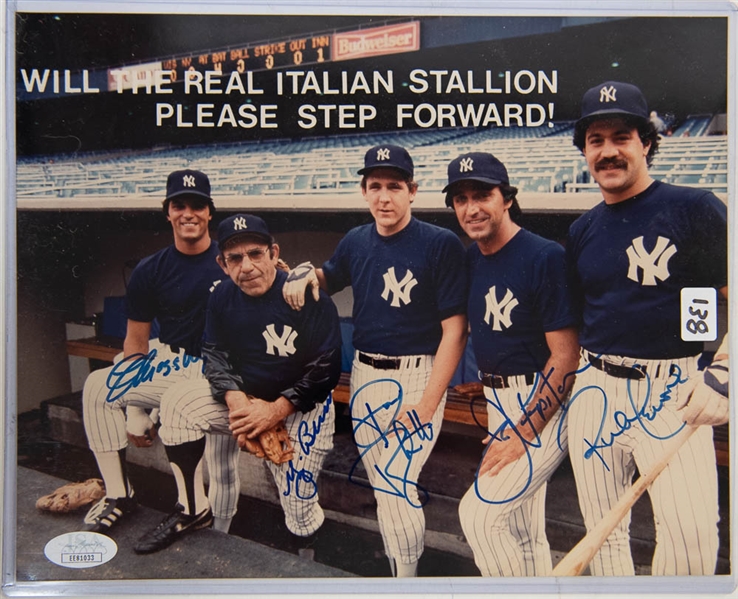 Yankees Italian Stallion 8x10 Photo Signed by Berra, Cerone, Pepitone, Righetti, & Mazzilli (JSA COA)