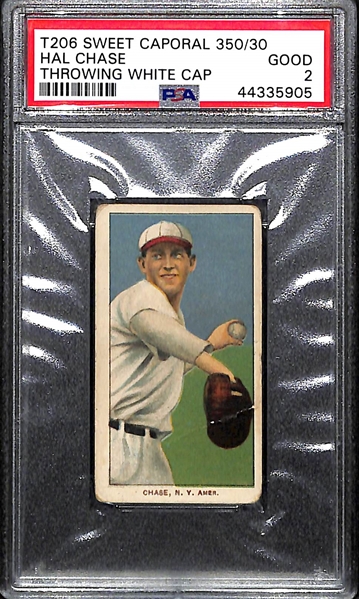1909-11 T206 Sweet Caporal 350/30 Hal Chase Throwing White Cap Graded PSA 2