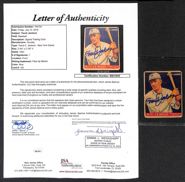 Travis Jackson Signed 1933 Goudey Baseball Card - JSA LOA