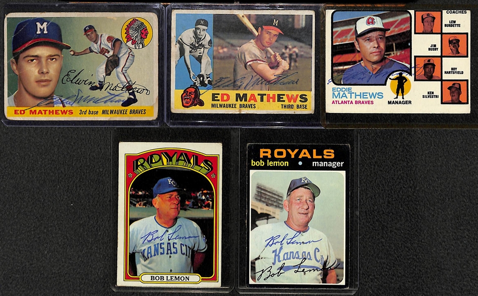 Lot of 5 Eddie Mathews & Bob Lemon Signed Vintage Cards  - JSA Auction Letter