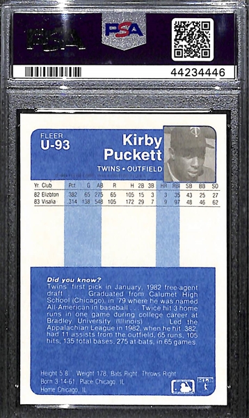 1984 Fleer Update Kirby Puckett Rookie Graded PSA 10 Gem Mint 