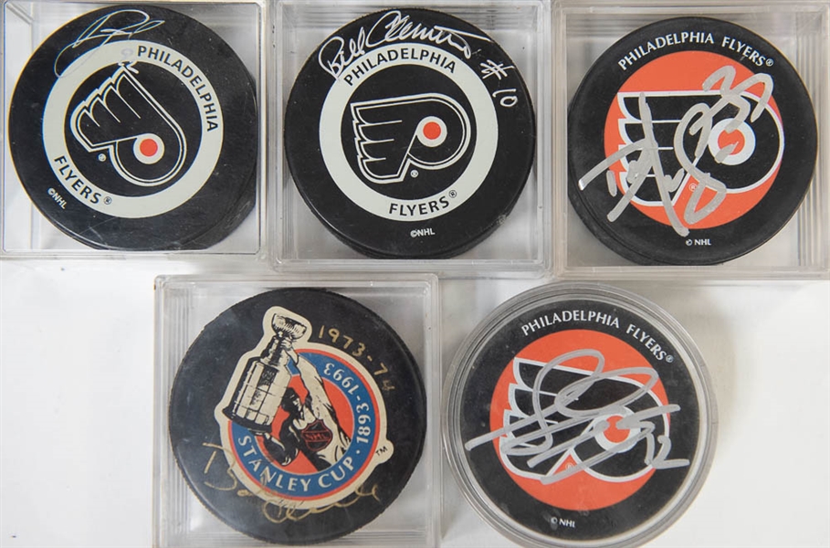 Lot of 11 Philadelphia Flyers Signed Hockey Pucks w. Bob Clarke - JSA Auction Letter