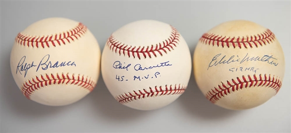 Lot of (3) Signed Baseballs (Eddie Mathews, R. Branca, 1945 MVP Phil Cavarretta)  - JSA Auction Letter