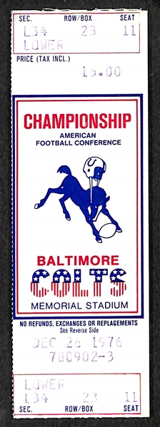 Baltimore Colts Ticket Lot w/ 1976 AFC Championship Game Ticket, 1963 Season Ticket Booklet Cover, and (2) 1981 Tickets