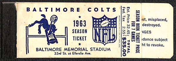 Baltimore Colts Ticket Lot w/ 1976 AFC Championship Game Ticket, 1963 Season Ticket Booklet Cover, and (2) 1981 Tickets