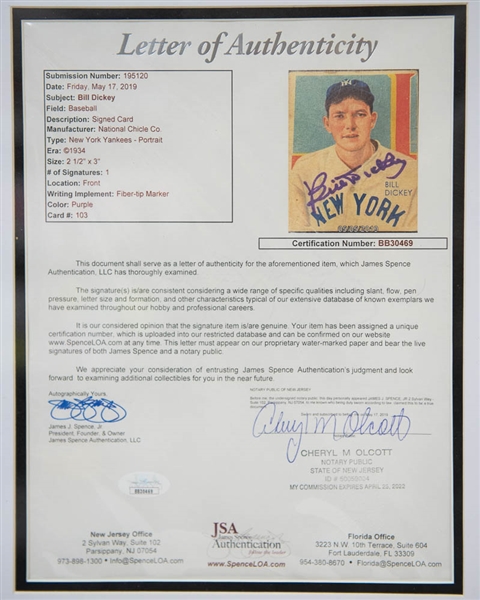 1934 Framed Bill Dickey Signed National Chicle Baseball Card - JSA LOA
