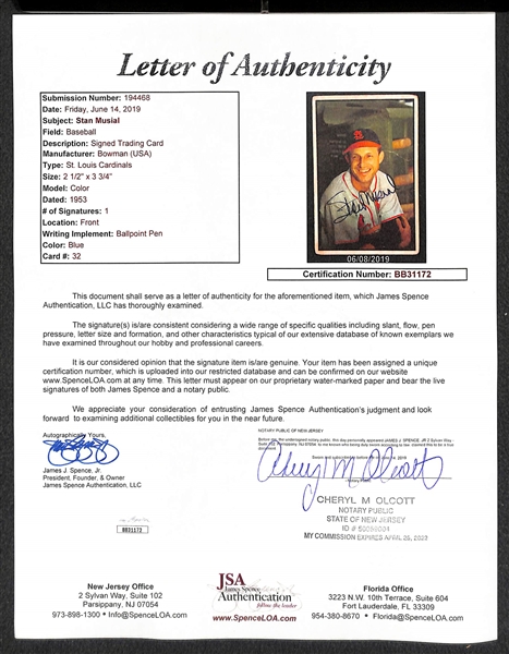 1953 Bowman Color Stan Musial Signed Card (Inc. JSA LOA)