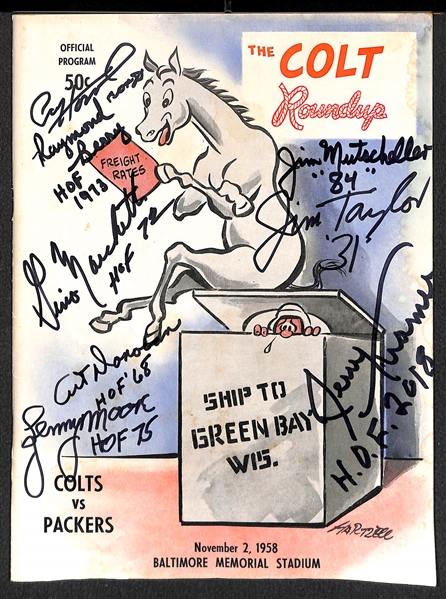 1958 Colts vs. Packers Program Signed by 7 HOFers (Hornung, Berry, Marchetti, Donovan, Moore, Taylor, Kramer) - JSA Auction Letter