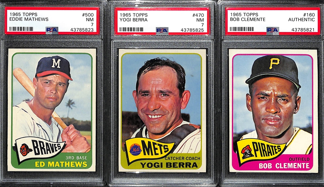 1965 Topps Mathews (PSA 7), Berra (PSA 7), & Clemente (Authentic)