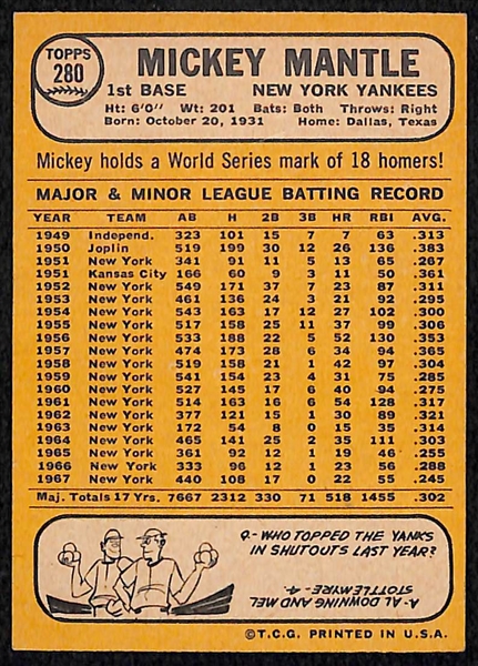 1968 Topps Mickey Mantle Card #280