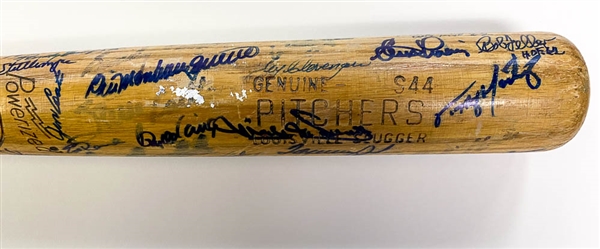 Bat Signed By Approx. 40 Star Pitchers Inc. B. Gibson, Marichal, Seaver, Bunning, Fingers, McGraw, + w. JSA Auction Letter