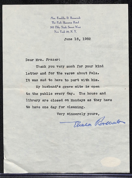 Eleanor Roosevelt Signed Letter on Personal Stationary from 1952  - JSA