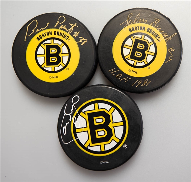 Lot of (3) Signed Boston Bruins Hockey Pucks (Cam Neely, Bernie Parent, John Bucyk)  - JSA Auction Letter