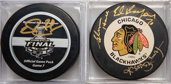 2009 Stanley Cup Game 7 Puck Signed by Evgeni Malkin, & Signed Blackhawks Puck (Ed Belfour, Tony Esposito, Glenn Hall)  - JSA Auction Letter