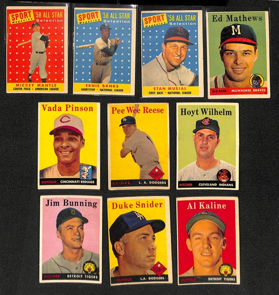 1958 Topps Baseball Partial Set - 190 of 495 Cards - w. Mickey Mantle All Star Card