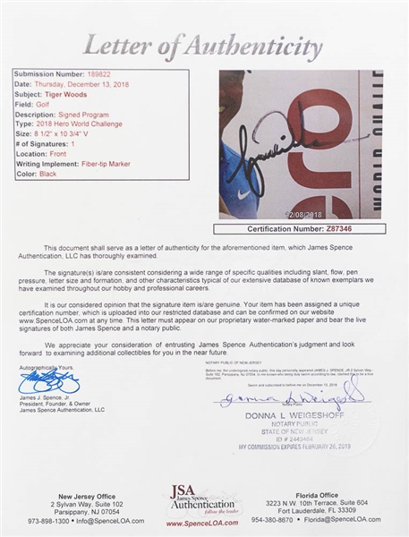 Tiger Woods Signed & Framed 2018 Hero World Challenge Program Cover (JSA Letter)