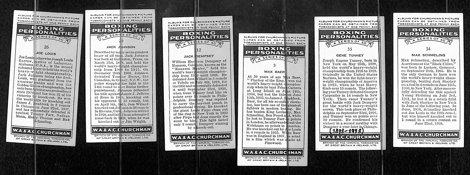 1938 Churchman's Boxing Personalities Complete Set of 50 w/ Joe Louis, Jack Johnson, Dempsey, Baer, Schmeling - JSA Auction Letter