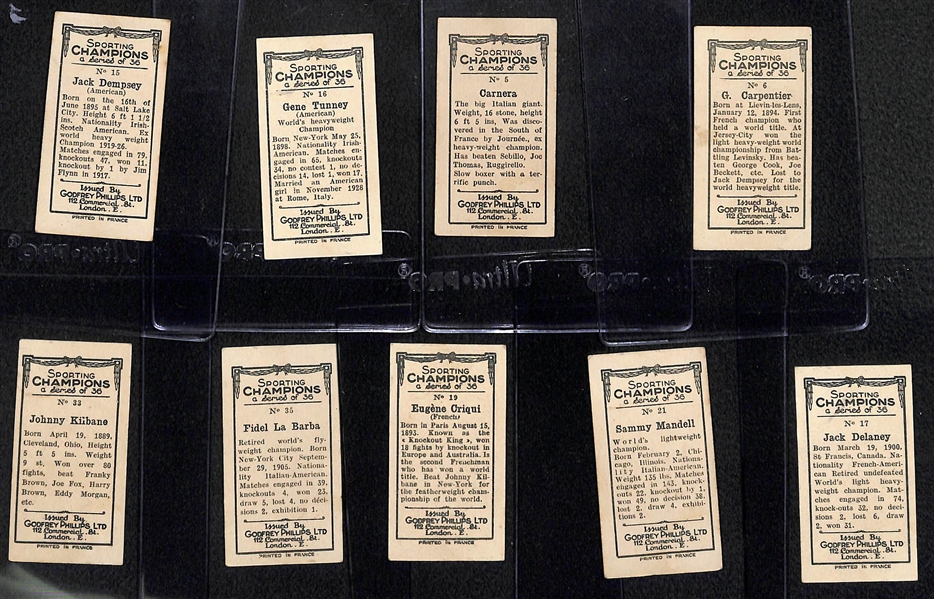 Partial Set (23 of 29) 1929 Godfrey Phillips Ltd. Sporting Champions Boxing Cards (Includes 9 HOFers w/ Dempsey and Tunney) 