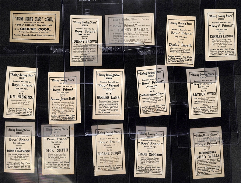 Complete Set of (15) 1922 Boys’ Friend Rising Boxing Stars, (8) 1935 J.A. Pattreiouex Sporting Events & Stars Boxing Cards (w/ Jim Braddock) and (3) Other Boxing Cards - JSA Auction Letter