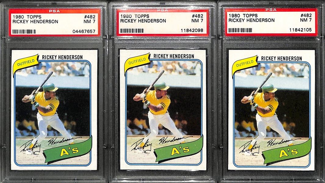 Lot of 3 Rickey Henderson 1980 Topps PSA 7 Graded Rookie Cards