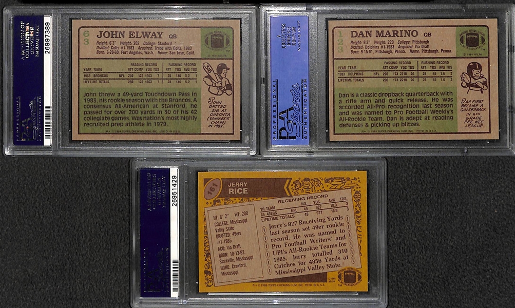 Lot of 3 PSA 8 Graded Rookie Cards - Elway/Marino/Rice