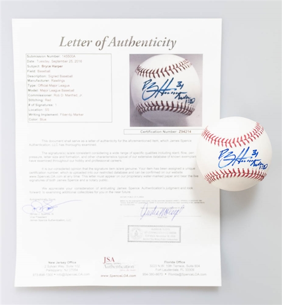 Bryce Harper Signed Official MLB Baseball - JSA LOA