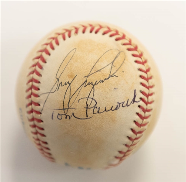 Lot of (4) Dual-Signed Baseballs inc. Ernie Hartwell/Paul Carey; Lasorda/Johnstone; G. Perry/Chambers, Luzinski/Paciorek - JSA Auction Letter
