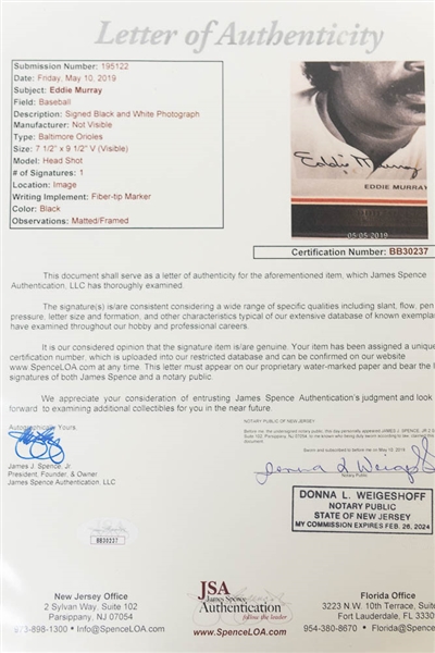 Lot of 3 Orioles Signed & Framed Photos w. Ripken & Murray - JSA Auction Letter
