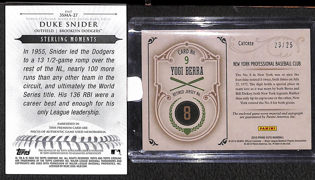 Duke Snider & Yogi Berra Autograph Relic Cards