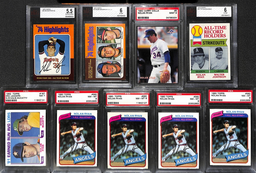 Lot of 9 Nolan Ryan Graded Cards w. 1975 Topps BVG 5.5